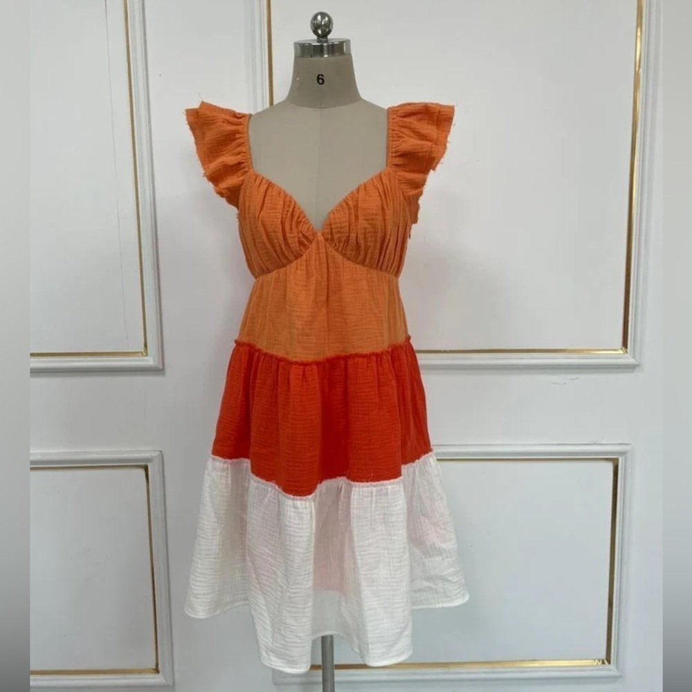 Victoria Dunn Orange Gauze Long Island Mini Dress in Mandarin Color Block XS NWT